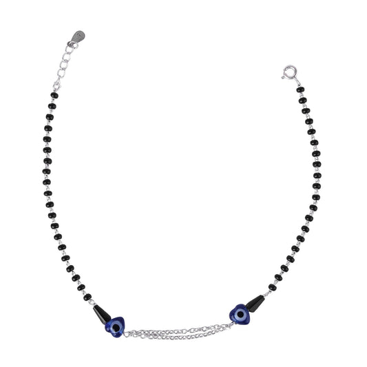 DOUBLE CHAIN 92.5 STERLING SILVER EVIL EYE BLACK BEADS ANKLET