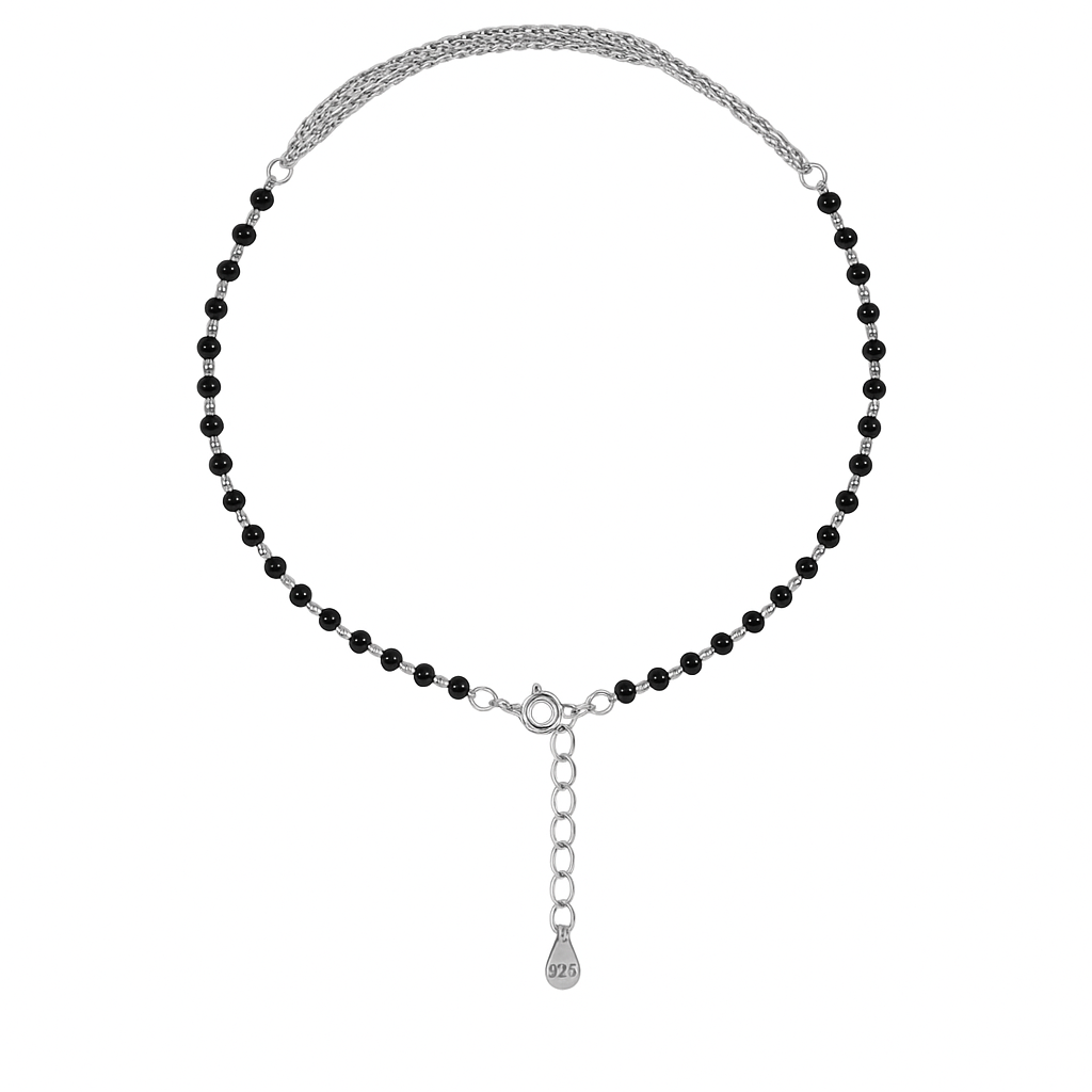 NEW ARRIVAL 92.5 STERLING SILVER BLACK BEADS MULTI LAYERED CHAIN ANKLET