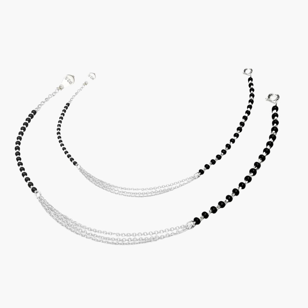 NEW ARRIVAL 92.5 STERLING SILVER BLACK BEADS MULTI LAYERED CHAIN ANKLET