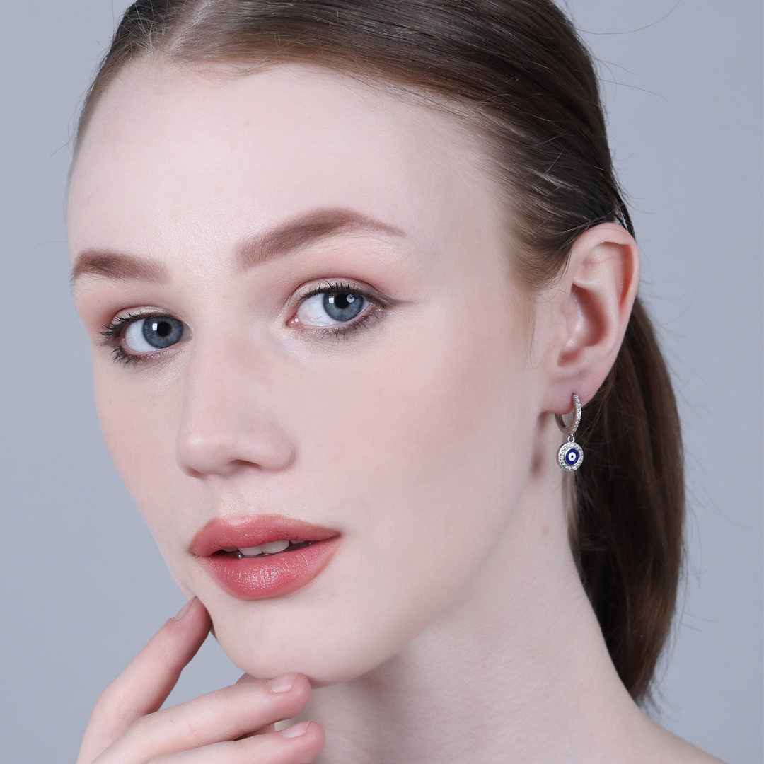 STERLING SILVER 92.5 HANGING EVIL EYE EARRINGS