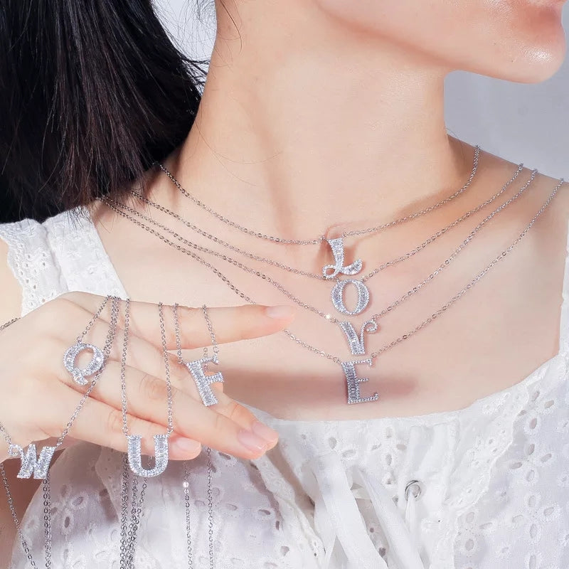 Sterling Silver CZ Pendent letter Locket Necklace