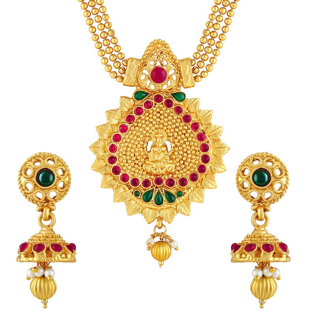 Traditional Laxmi Pendent Gold Plated Opera Style Necklace Set