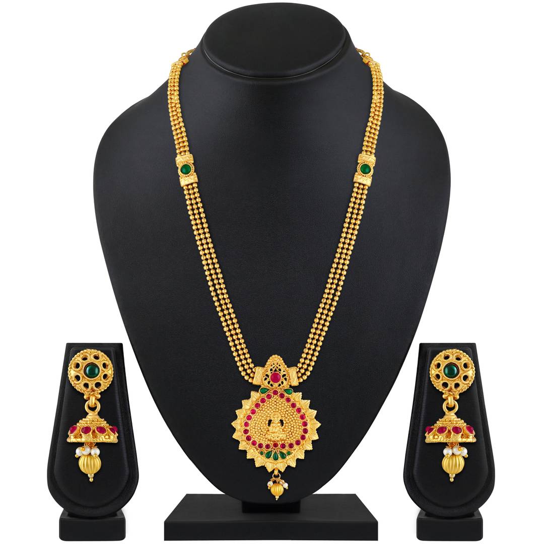 Traditional Laxmi Pendent Gold Plated Opera Style Necklace Set