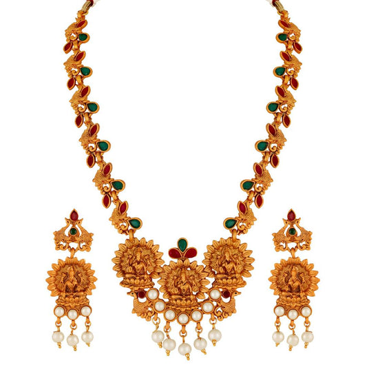 Laxmi Peacock Gold Plated Temple Jewelry Necklace Set For Women