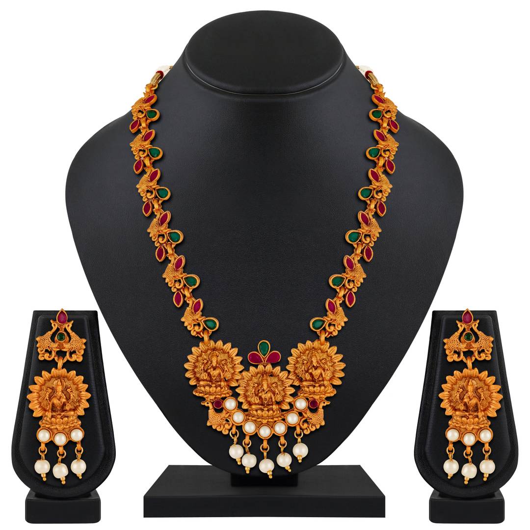 Laxmi Peacock Gold Plated Temple Jewelry Necklace Set For Women