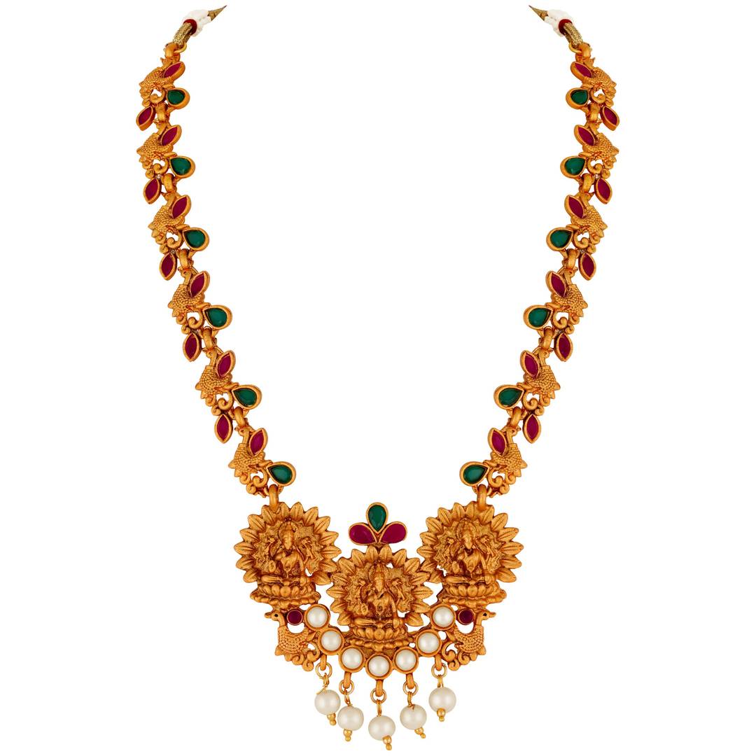 Laxmi Peacock Gold Plated Temple Jewelry Necklace Set For Women