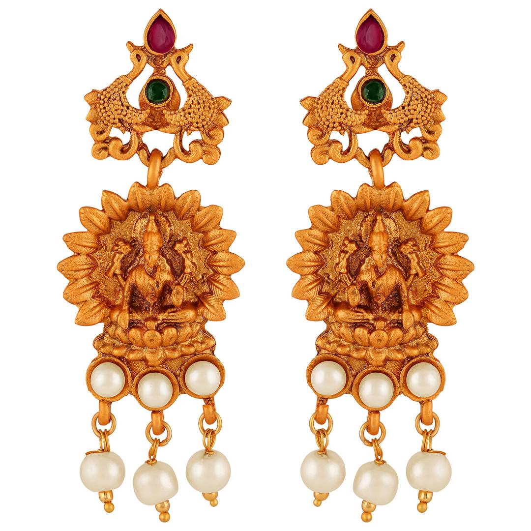 Laxmi Peacock Gold Plated Temple Jewelry Necklace Set For Women
