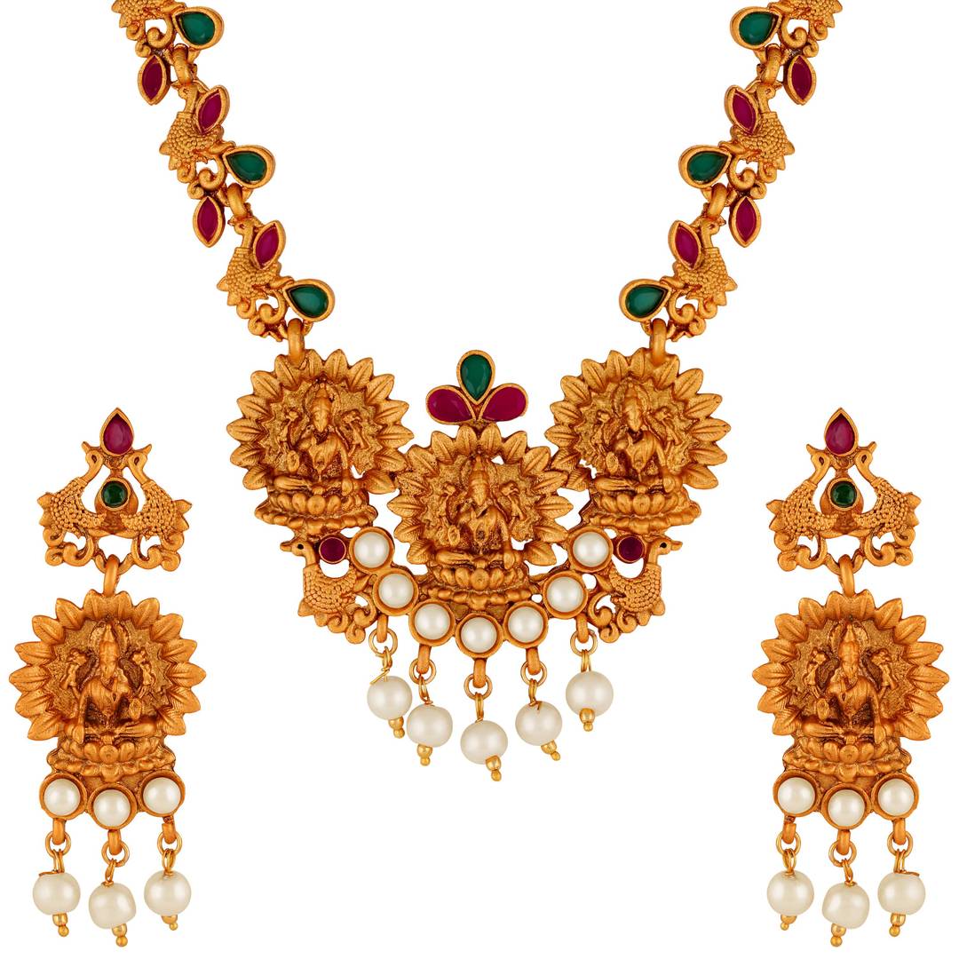 Laxmi Peacock Gold Plated Temple Jewelry Necklace Set For Women