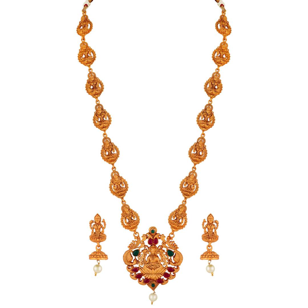 Laxmi Peacock Gold Plated Temple Jewelry Necklace Set For Women