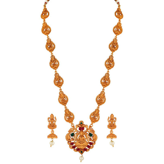 Laxmi Peacock Gold Plated Temple Jewelry Necklace Set For Women