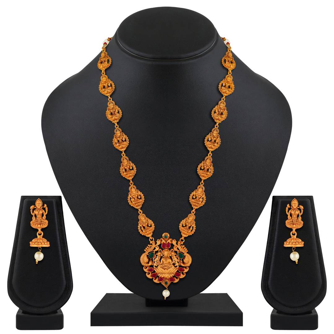 Laxmi Peacock Gold Plated Temple Jewelry Necklace Set For Women