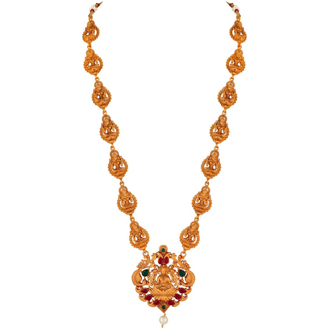 Laxmi Peacock Gold Plated Temple Jewelry Necklace Set For Women