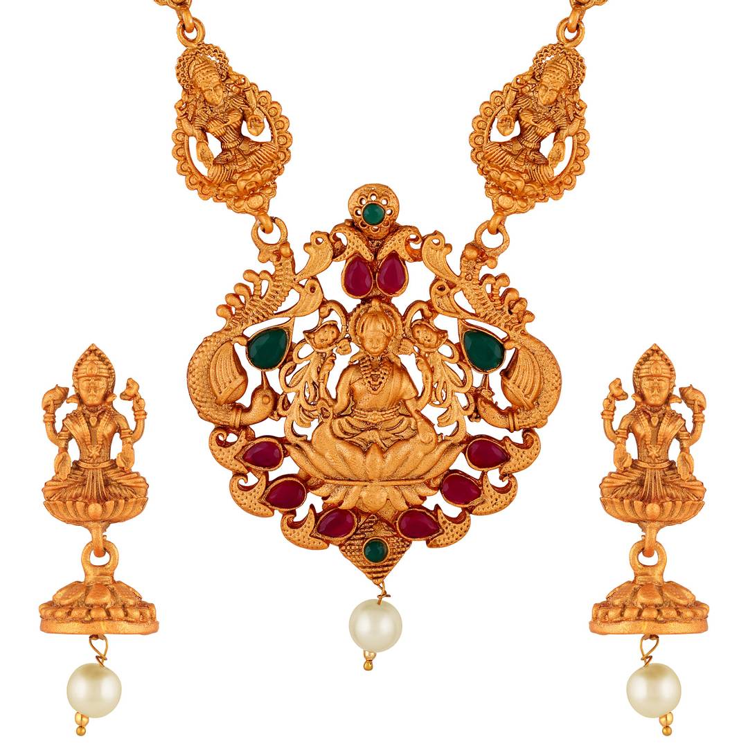 Laxmi Peacock Gold Plated Temple Jewelry Necklace Set For Women