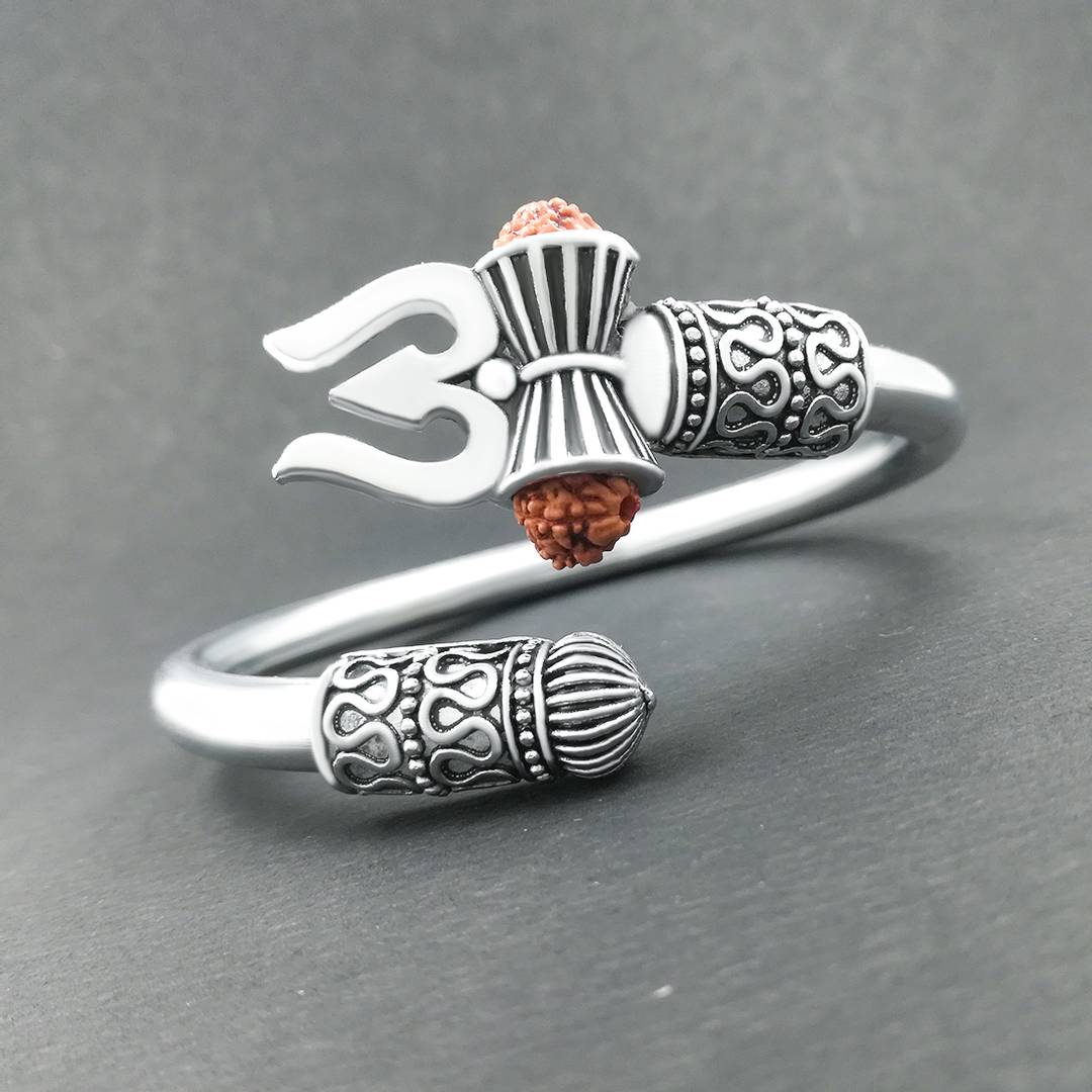 Mahadev Kada Silver Rudraksha Trishul Damroo Kada For Men & Boys