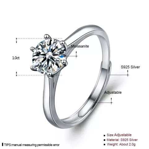 RESIZABLE ELEGANT PURE 92.5 STERLING SILVER PLATINUM PLATED MOSSENITE DIAMOND RING