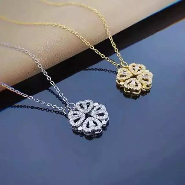 Magnetic Heart Girl Four Leaf Clover Double-Sided Heart Shaped Necklace for Women