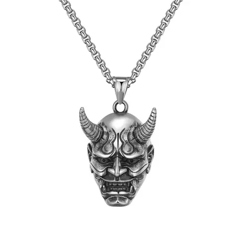 SILVER OXIDISED HANNYA FACE NECKLACE CHAIN PENDENT FOR MEN