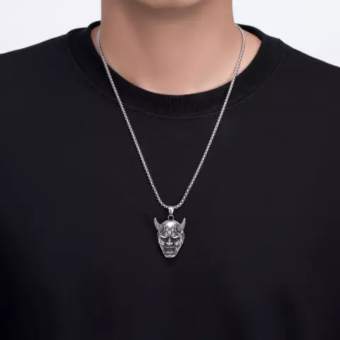 SILVER OXIDISED HANNYA FACE NECKLACE CHAIN PENDENT FOR MEN