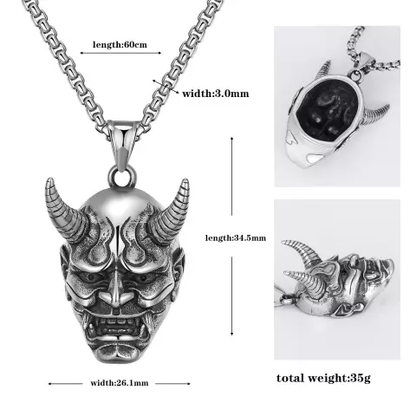 SILVER OXIDISED HANNYA FACE NECKLACE CHAIN PENDENT FOR MEN