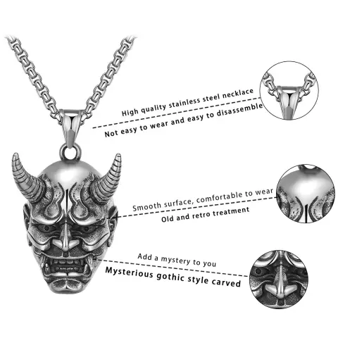 SILVER OXIDISED HANNYA FACE NECKLACE CHAIN PENDENT FOR MEN