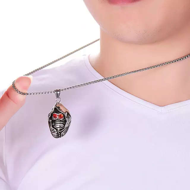 Ghost Head Skull Ruby Chain Pendent Punk Men's Jewelry