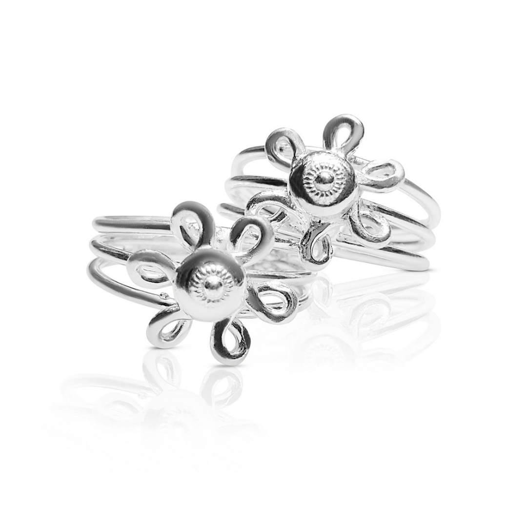 92.5 STERLING SILVER FLOWER ADJUSTABLE TOE RING FOR WOMEN