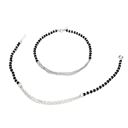 NEW ARRIVAL 92.5 STERLING SILVER BLACK BEADS MULTI LAYERED CHAIN ANKLET