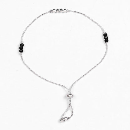 92.5 STERLING SILVER ADJUSTABLE THREE BALL BLACK BEADS ANKLET-1
