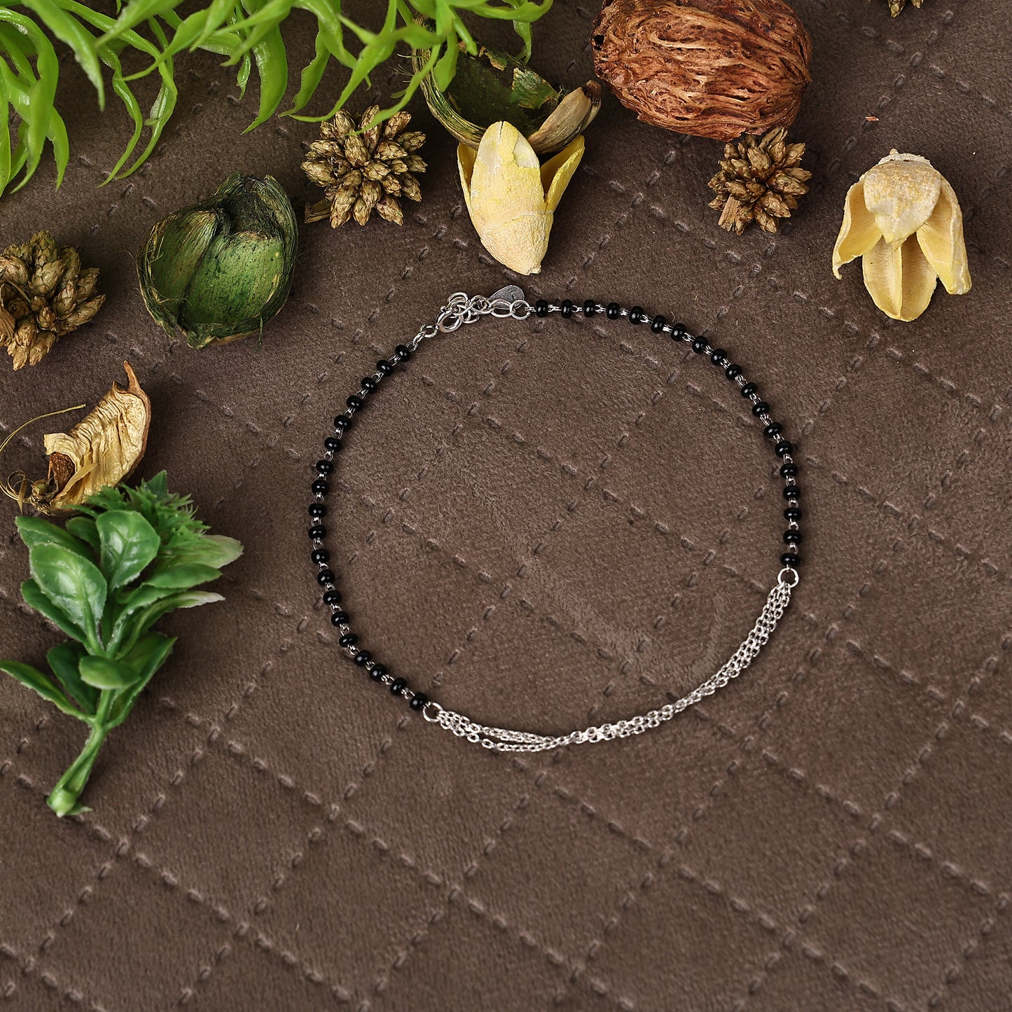 NEW ARRIVAL 92.5 STERLING SILVER BLACK BEADS MULTI LAYERED CHAIN ANKLET
