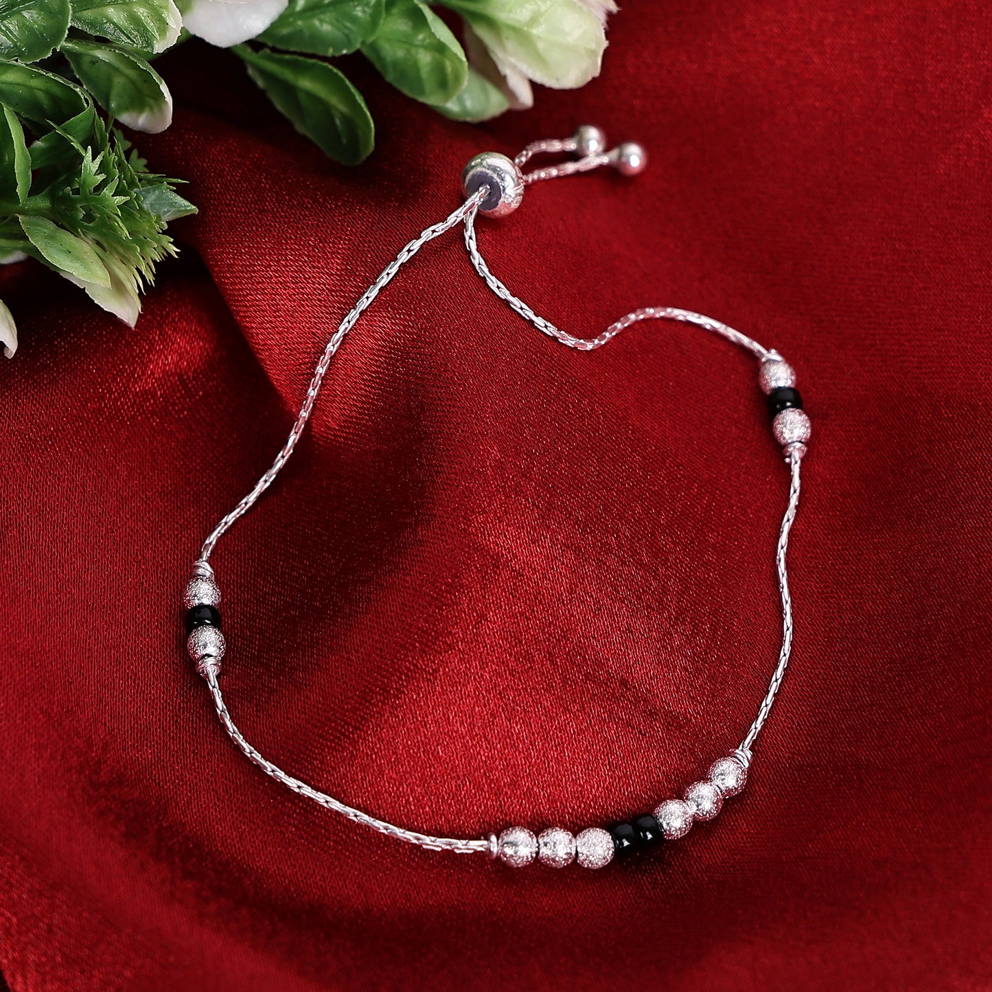 92.5 STERLING SILVER ADJUSTABLE THREE BALL BLACK BEADS ANKLET-3