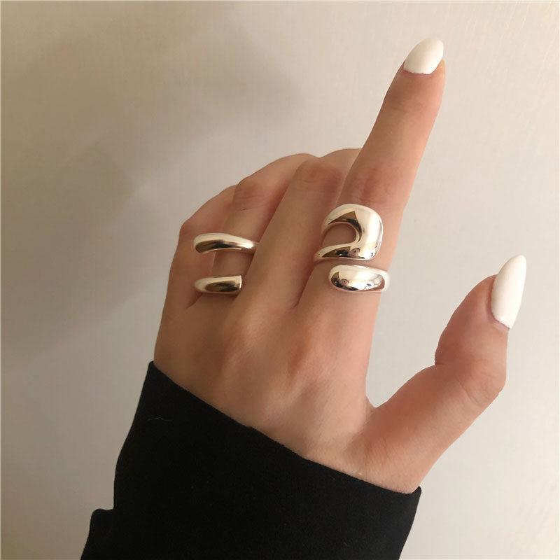 Sterling Silver 92.5 Rings Trendy Cross Irregular Curve Open Ring for Women Men