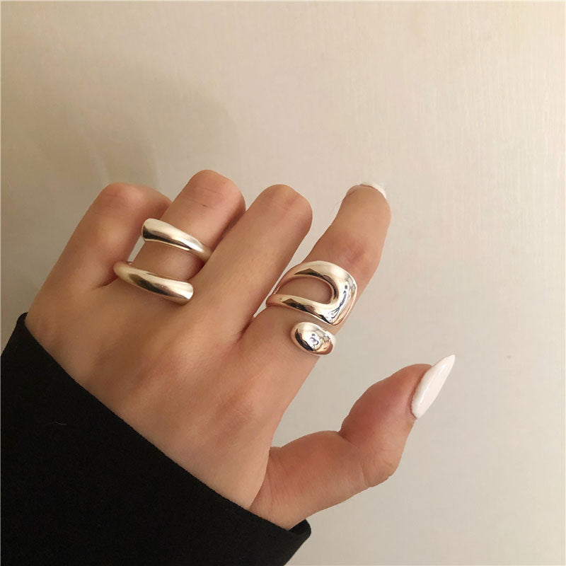 Sterling Silver 92.5 Rings Trendy Cross Irregular Curve Open Ring for Women Men