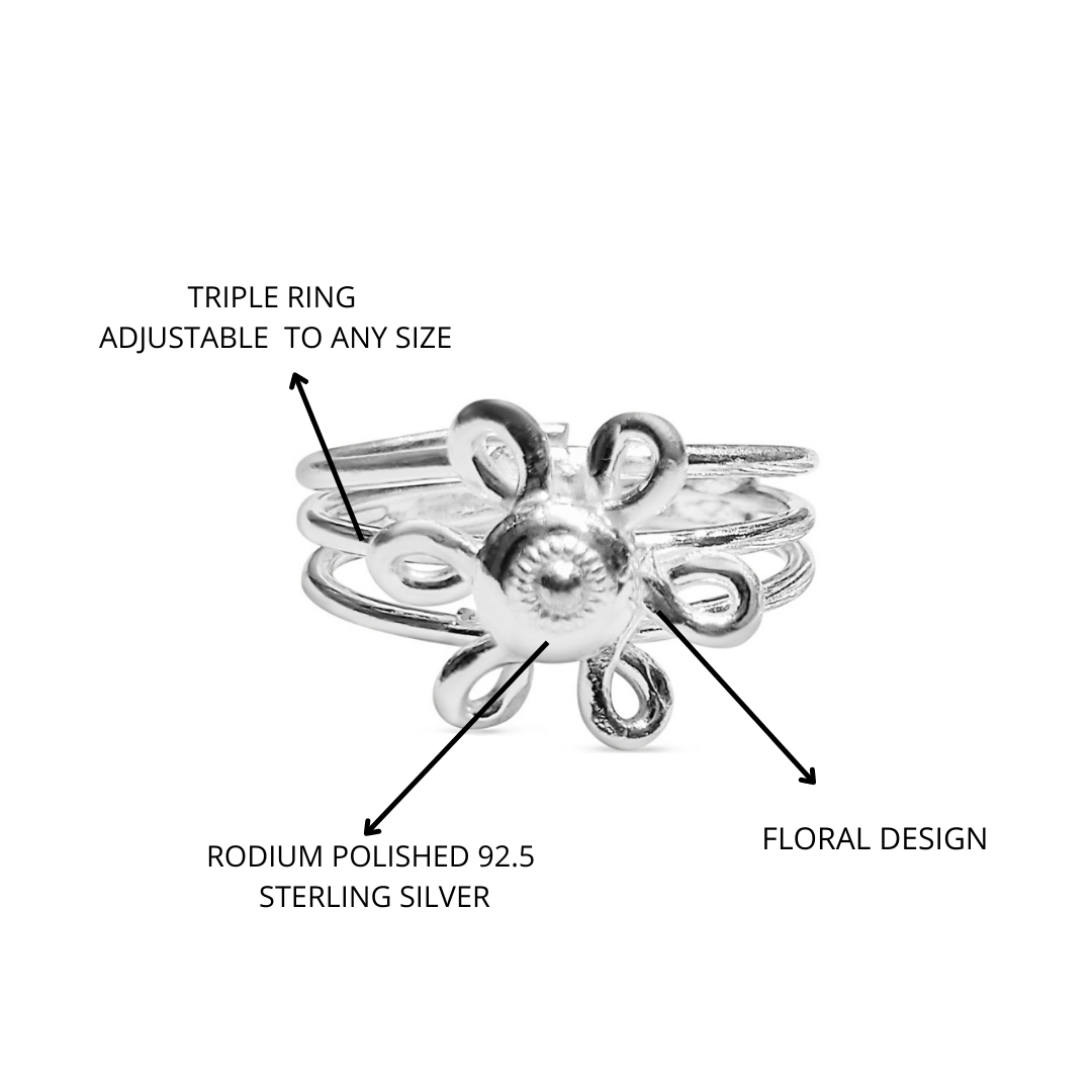 92.5 STERLING SILVER FLOWER ADJUSTABLE TOE RING FOR WOMEN