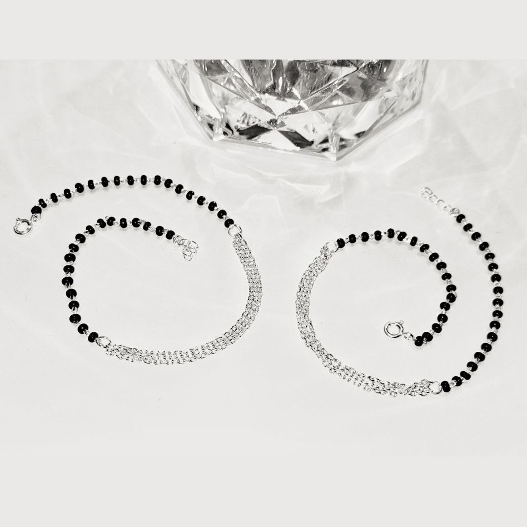 NEW ARRIVAL 92.5 STERLING SILVER BLACK BEADS MULTI LAYERED CHAIN ANKLET