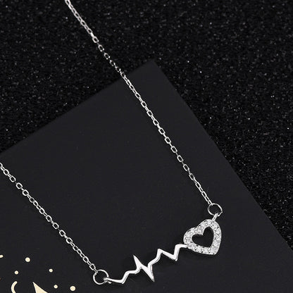 Trendy 925 Sterling Sliver Full Rhinestone Cubic Zerconia Babygirl Heartbeat Pendant Necklace