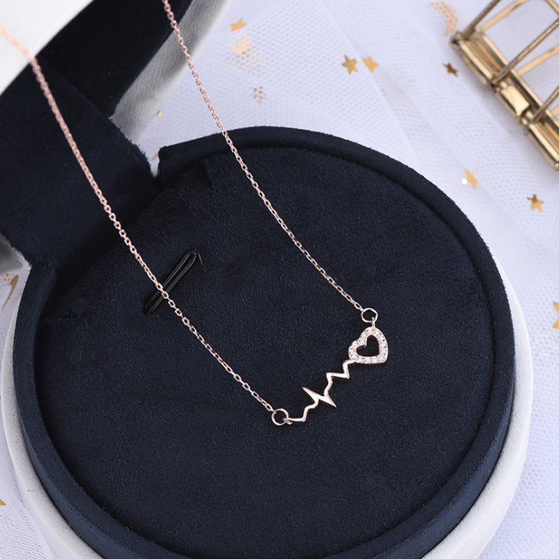 Trendy 925 Sterling Sliver Full Rhinestone Cubic Zerconia Babygirl Heartbeat Pendant Necklace