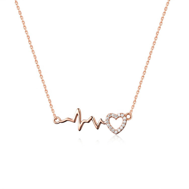 Trendy 925 Sterling Sliver Full Rhinestone Cubic Zerconia Babygirl Heartbeat Pendant Necklace