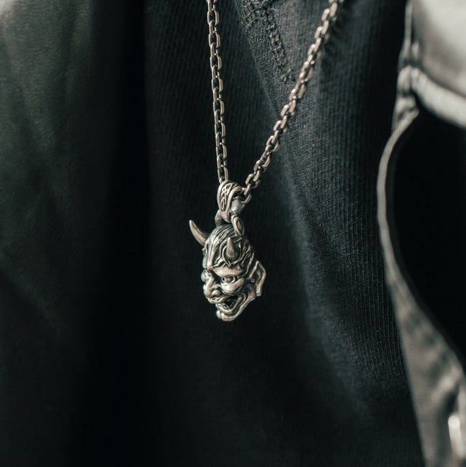 SILVER OXIDISED HANNYA FACE NECKLACE CHAIN PENDENT FOR MEN