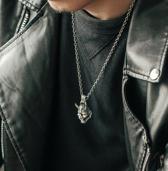 SILVER OXIDISED HANNYA FACE NECKLACE CHAIN PENDENT FOR MEN