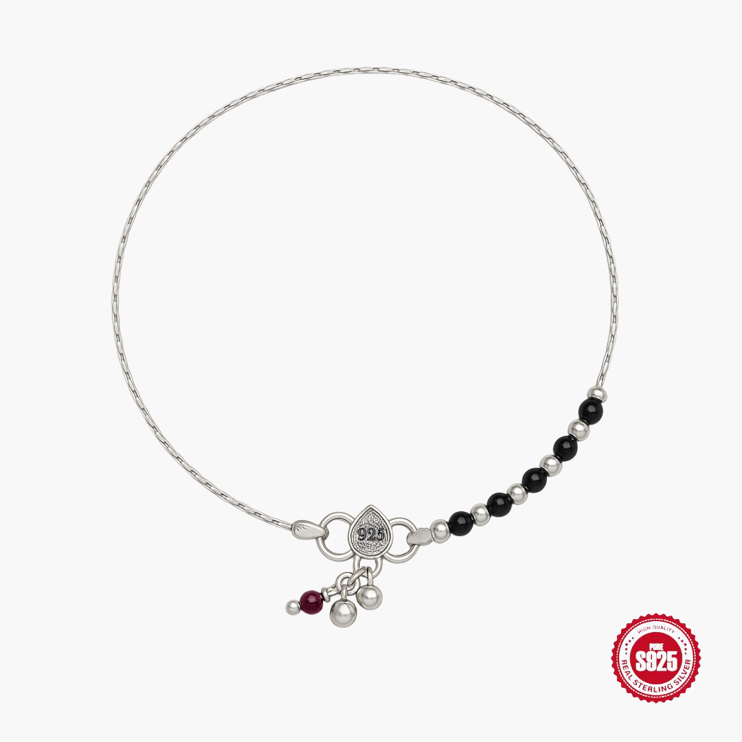 Mystic Protection Sterling Silver Black Beads Anklet