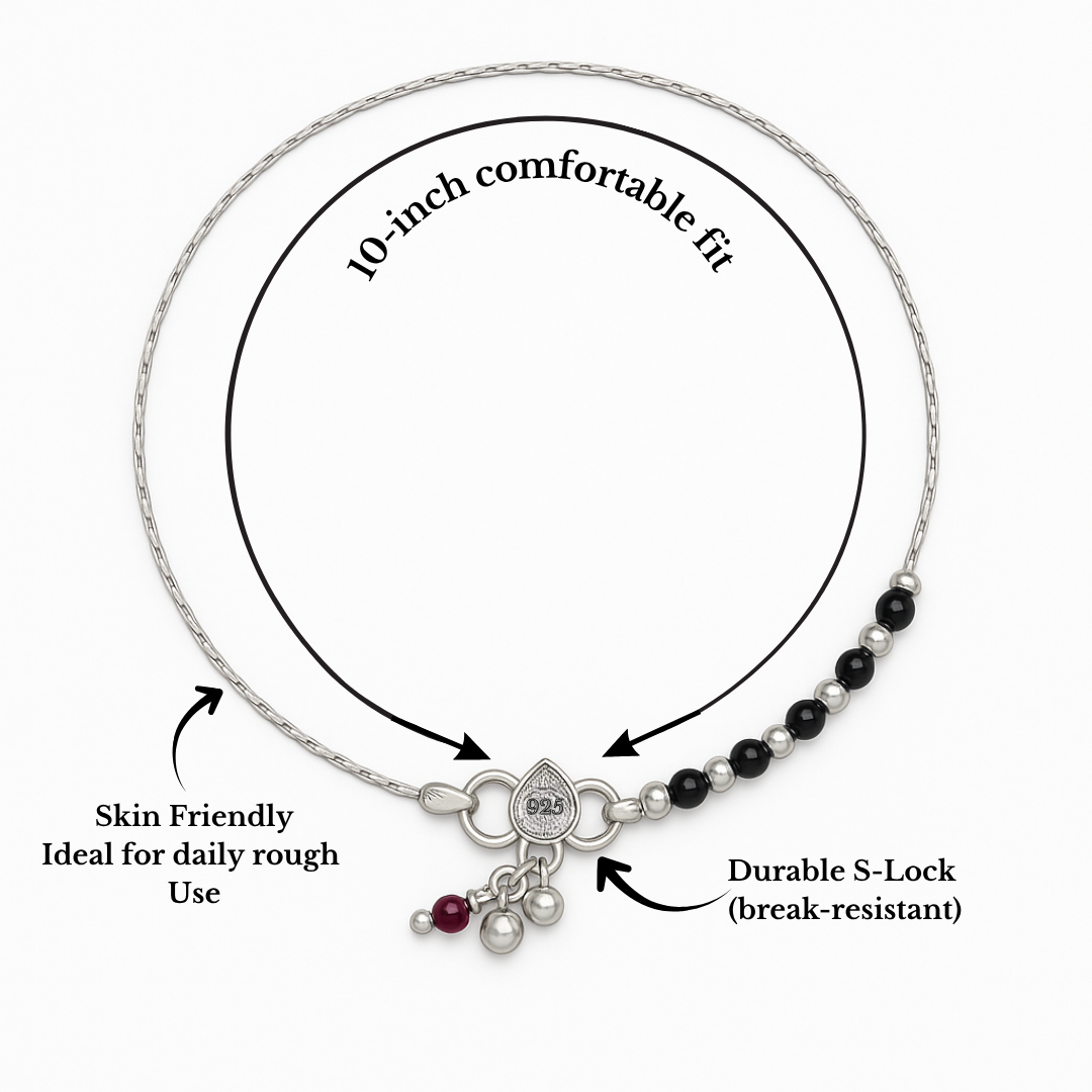 Mystic Protection Sterling Silver Black Beads Anklet