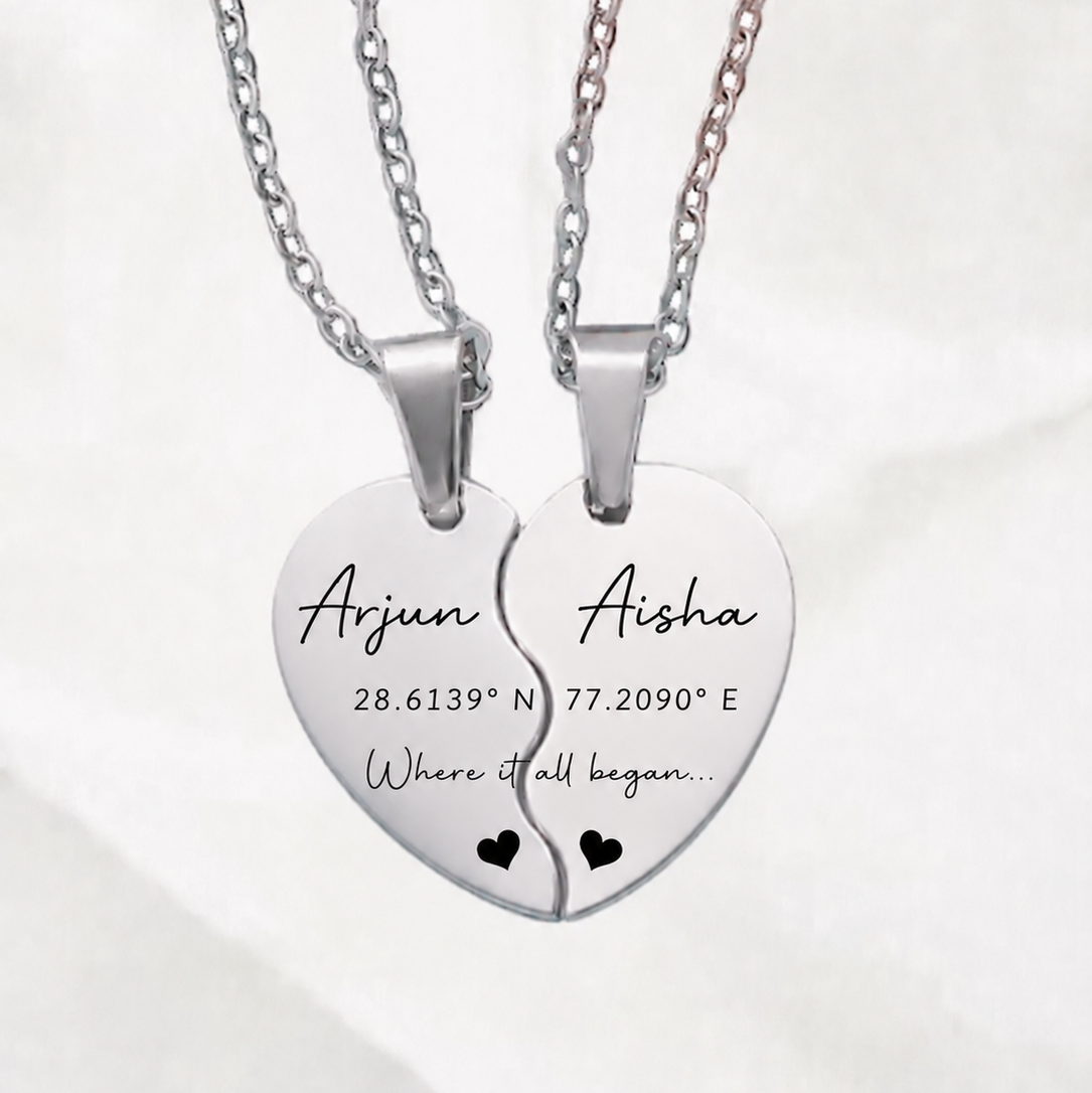Engraved Split Heart Necklace Set