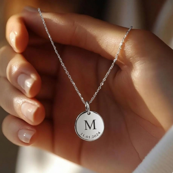 Swastik Initial and Date Engraved Necklace