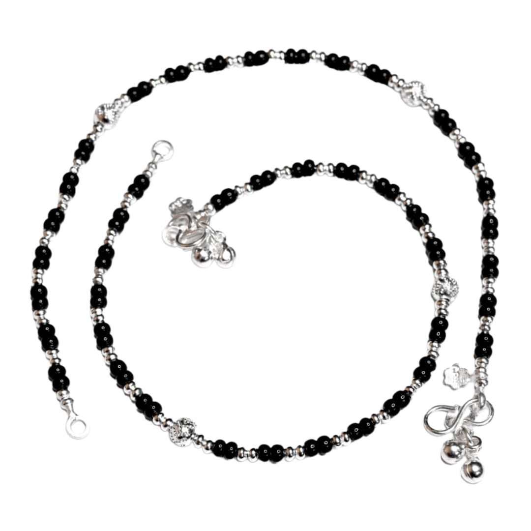 STERLING SILVER BLACK BEADS NAZARIA ANKLET PAYAL