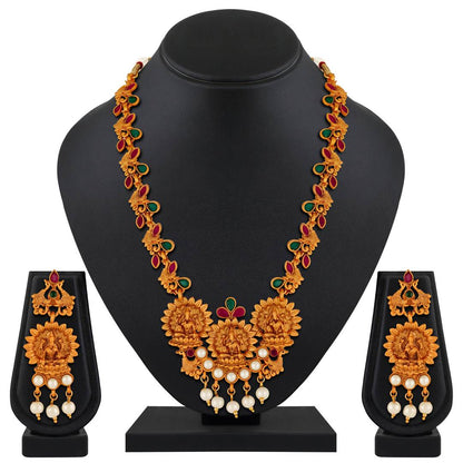 Laxmi Peacock Gold Plated Temple Jewelry Necklace Set For Women