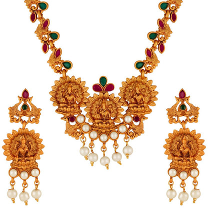 Laxmi Peacock Gold Plated Temple Jewelry Necklace Set For Women