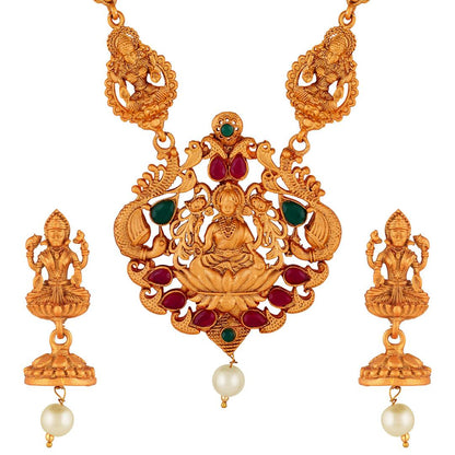 Laxmi Peacock Gold Plated Temple Jewelry Necklace Set For Women