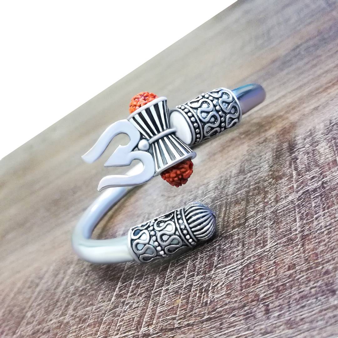 Mahadev Kada Silver Rudraksha Trishul Damroo Kada For Men & Boys
