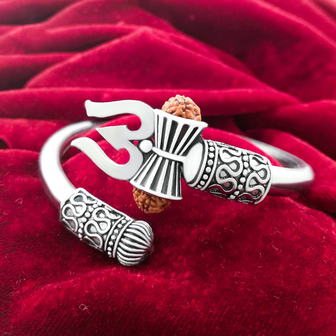 Mahadev Kada Silver Rudraksha Trishul Damroo Kada For Men & Boys