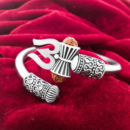 Mahadev Kada Silver Rudraksha Trishul Damroo Kada For Men & Boys